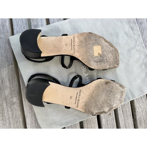 MANOLO BLAHNIK Luce Black Leather T-Strap Sandal, 50mm, 38 Retail $845 - Picture 6 of 10